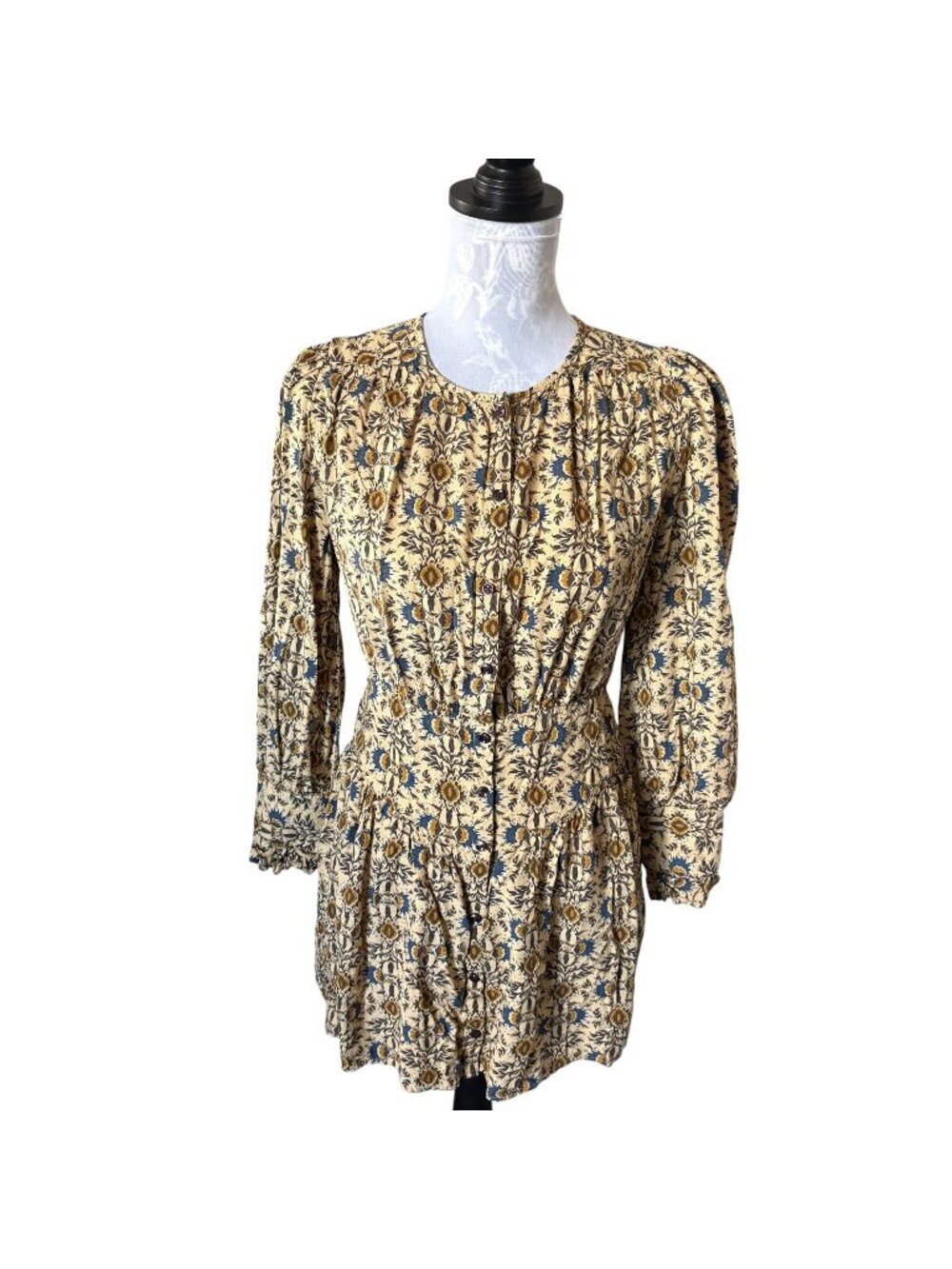 Ba&Sh Long Sleeve Floral Button Down Dress Small Tan Blue
